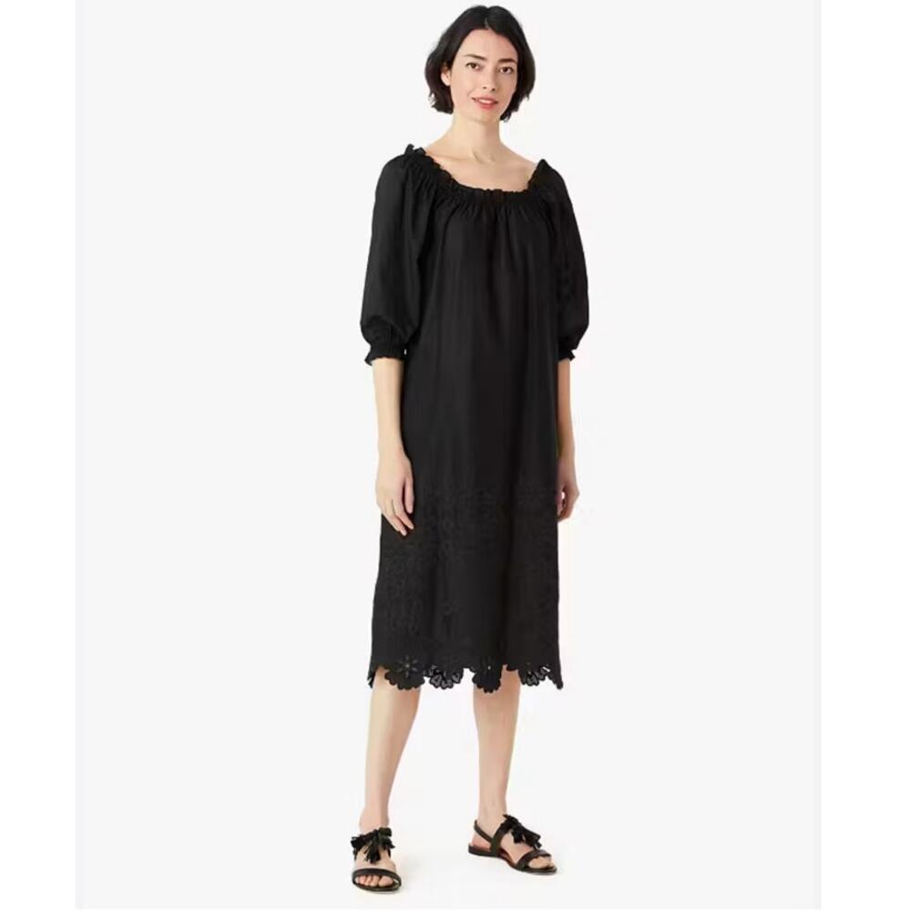 Kate Spade Broderie Anglaise 3/4 Puff Sleeves Scalloped Hem Midi Dress Black Med